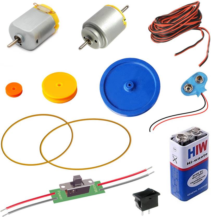 Kit4Curious 2 DC Hobby Motor, 3 Pulley Set, Belt, MotorDirectionControl Switch, 9v Batt