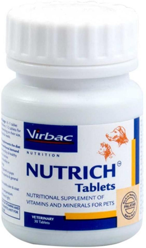 Virbac NUTRICH 30 Tablets , Nutritional supplement of vitamins and minerals for maintain fertility and maintain fertility in breeding dogs , healthy growth in pups , appetite and general health , maintain healthy skin and coat , vitamin , nutrition , calcium , energy Pet Health Supplements Pet Healt