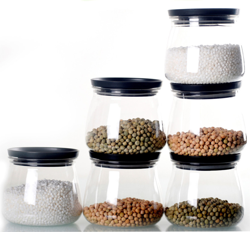 OBISPO Plastic Grocery Container  - 800 ml(Pack of 6, Black, Clear)