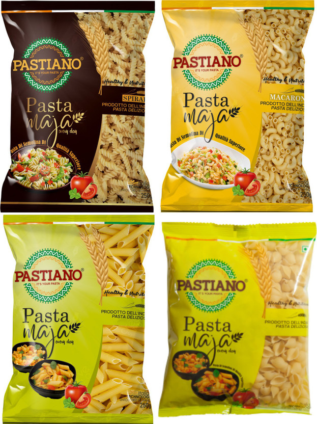 PASTIANO 4 shapes of pasta- Macaroni, Penne, Fusilli, Shells Elbow Macaroni, Macaroni, Shell, Penne, Spirali, Fusilli Pasta(Pack of 4, 1 kg)