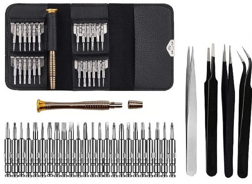 wroughton 25 in 1 Precision Screwdriver Set Multi Pocket Repair Tool Kit with Black Leather Bag for Mobiles|Laptops|Electronics With 1 Stainless Steel Non Magnetic Tweezers- Straight and Set of 3 ESD Non Magnetic Tweezers- Straight, Flat & Curved Precision Screwdriver Set(Pack of 29)