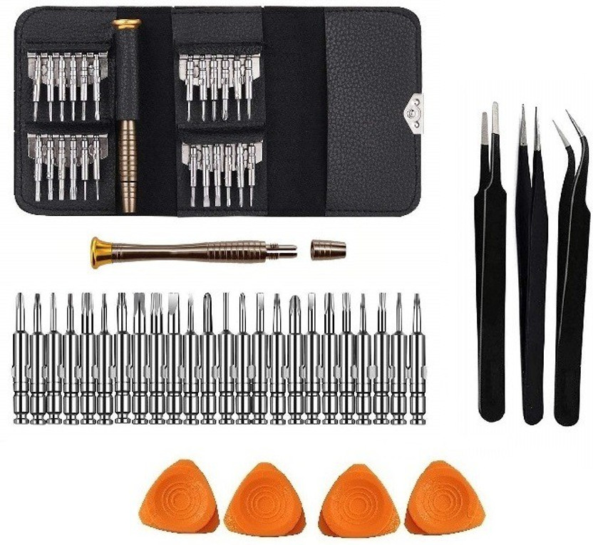 wroughton 25 in 1 Precision Screwdriver Set Multi Pocket Repair Tool Kit with Black Leather Bag for Mobiles|Laptops|Electronics With 4 Mobile Opener and Set of 3 ESD Non Magnetic Tweezers- Straight, Flat & Curved Precision Screwdriver Set(Pack of 32)