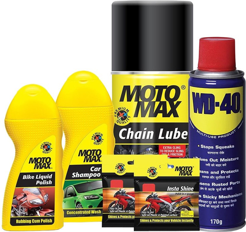 Pidilite Motomax large bike care kit - Bike wash shampoo 100ml, Bike polish liquid 100ml, WD-40 Multi Purpose spray 64g, Instashine polish in sponge- chainpack, chain lube spray 200ml Combo