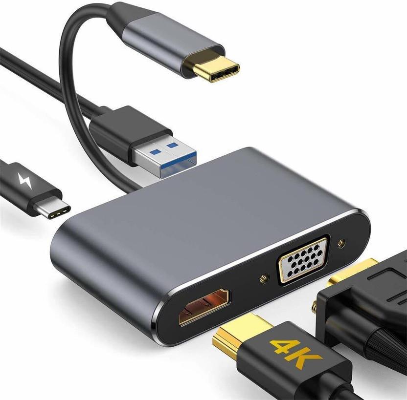 RuhZa Type C To 4 In 1 USB C Docking Multiport Adapter With HDMI 4K+VGA+USB3.0+USB C Compatible with Android, Laptop, Mac, PC etc. USB Cable(Grey)