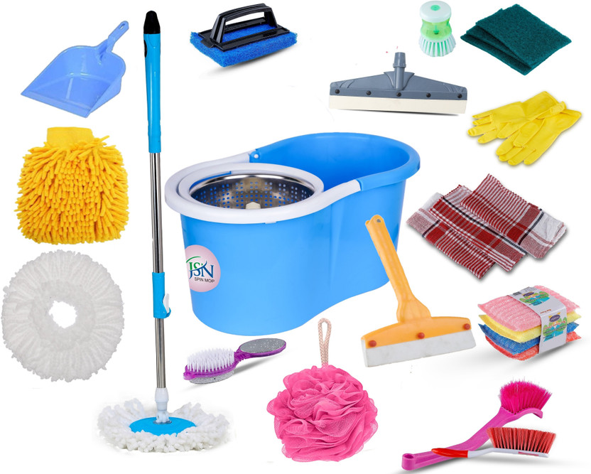JSN Easy Magic Spin Floor Mop 360 Degree Bucket Mop with Steel Spinner 2 Refill Mop Combo Pack With 14 Item Home Cleaning Mop