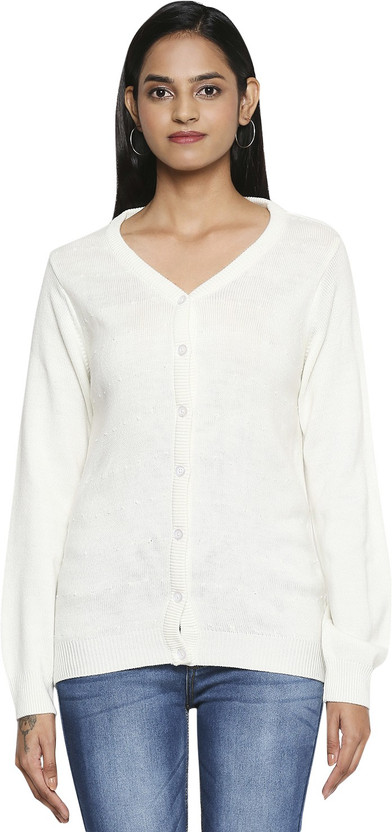 V Neck Casual Women White Sweater 