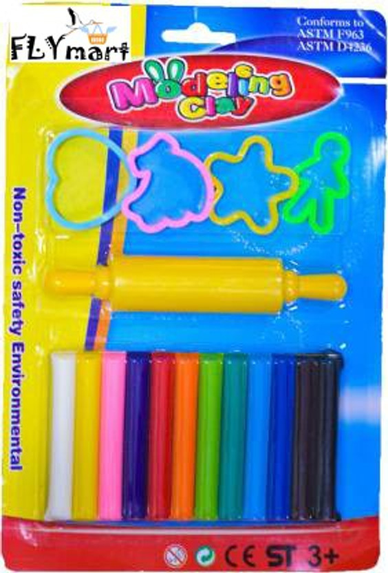 FLYmart Modeling Clay Non Toxic Dough 12 Colors with 4 Moulds and 1 Large Roller for Kids Art Toys