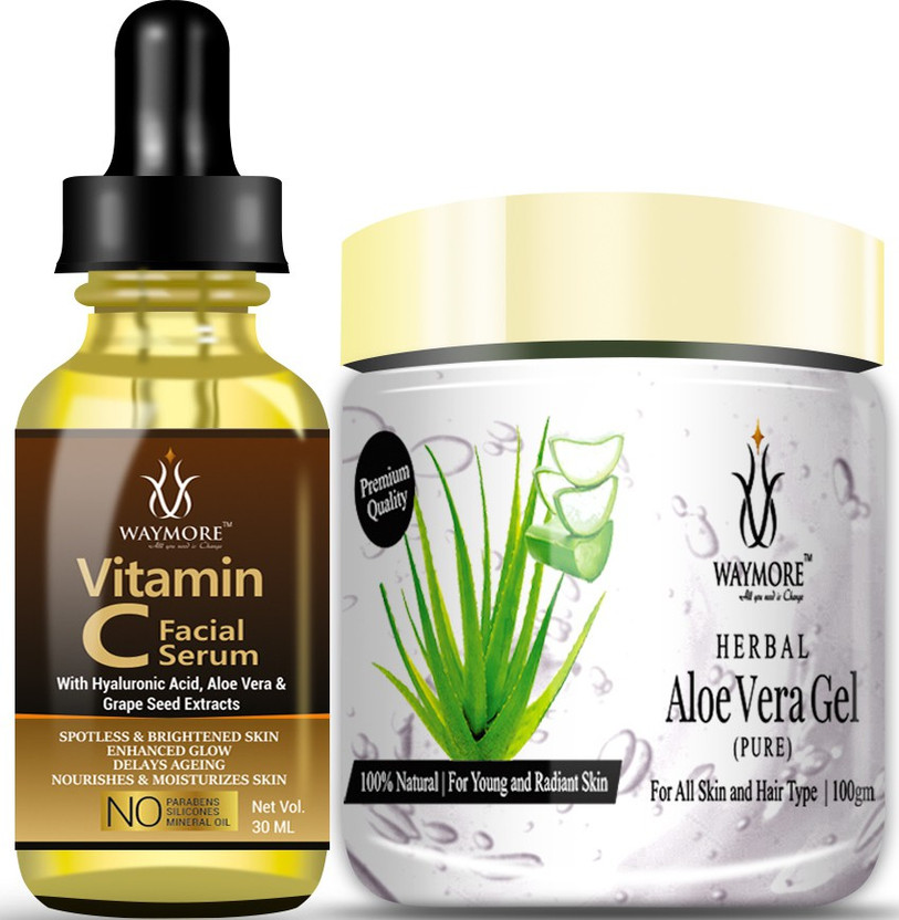WAYMORE Vitamin C Face Serum 30 ml For Skin Lightening, Whitening ,Brightening, Age-Defring Serum, Anti Aging ,Reducing Dark Circle, Fine Line & Sun Damage + 100% Pure Aloe Vera Gel White 100gm For Night Time Aid to Revive Dry & Dull Skin - Non Sticky - Light & Quick Absorbing - No Parabens, Silicon