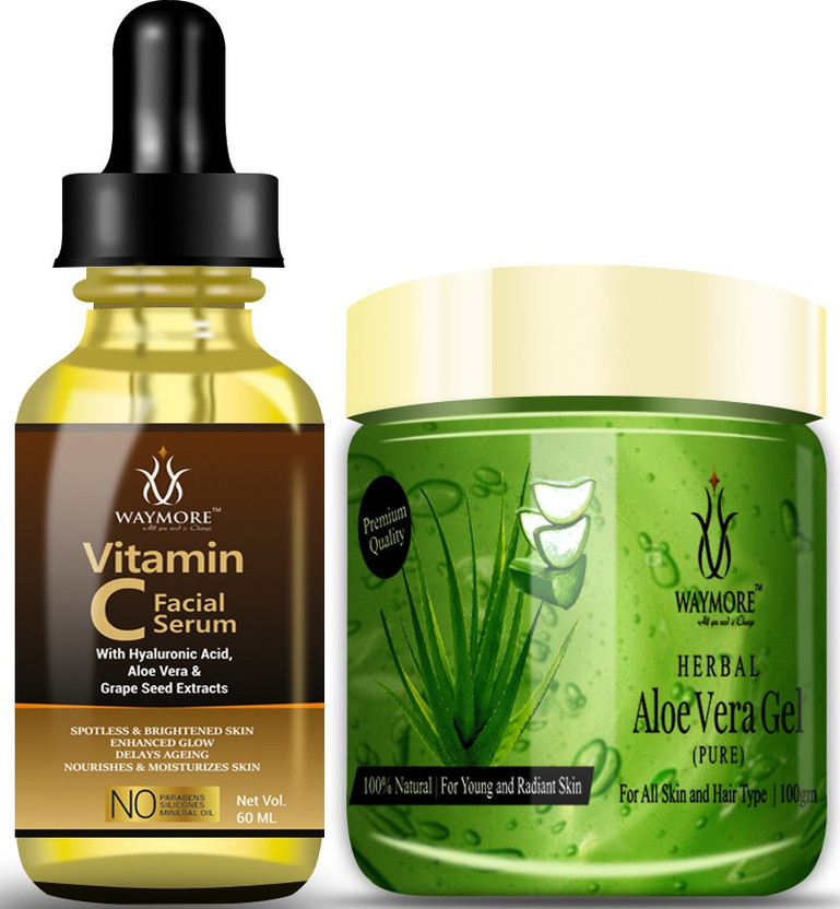 WAYMORE Vitamin C Face Serum 60 ml For Skin Lightening, Whitening & Brightening, Age-Defring Serum, Anti Aging , ,Reducing Dark Circle, Fine Line & Sun Damage + 100% Pure Aloe Vera Gel White 100 gm For Night Time Aid to Revive Dry & Dull Skin - Non Sticky - Light & Quick Absorbing - No Parabens, Sil