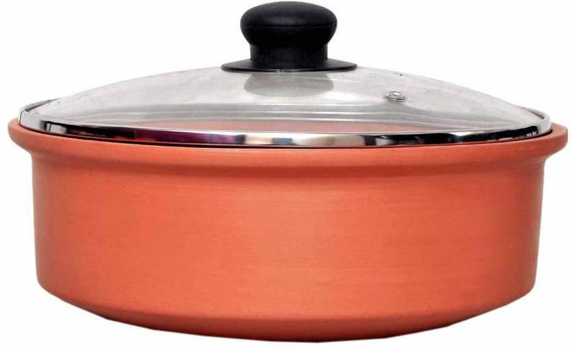 vsudhev Clay Kadai with Lid 2 Litre, Hand Made Pottery Earthen Kadai