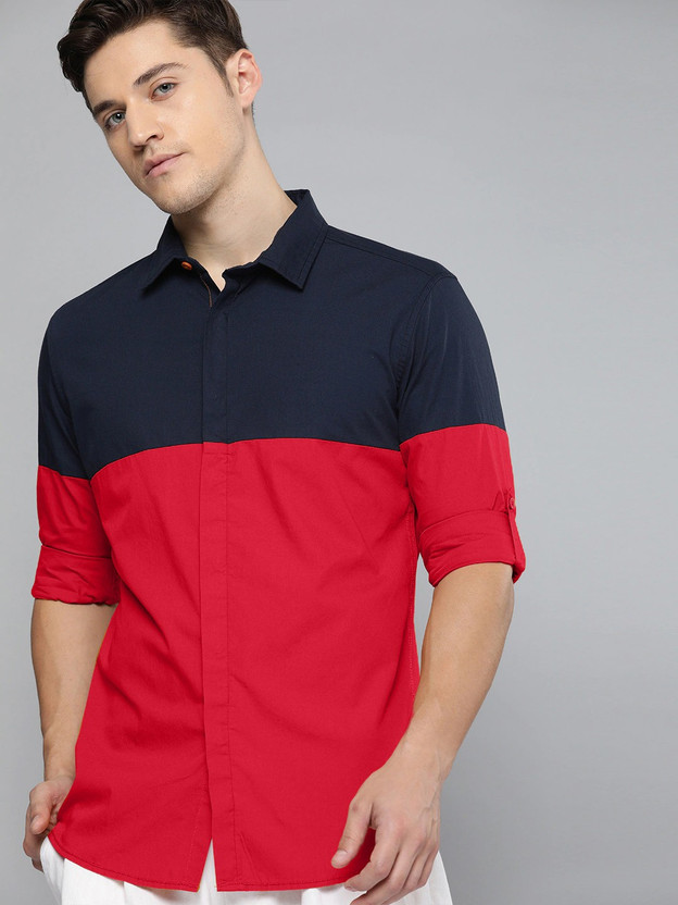 blue cotton color block casual shirt