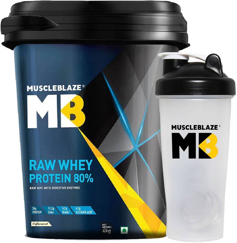 MUSCLEBLAZE Raw Whey Protein 4Kg Unflavoured with Shaker Combo Price in