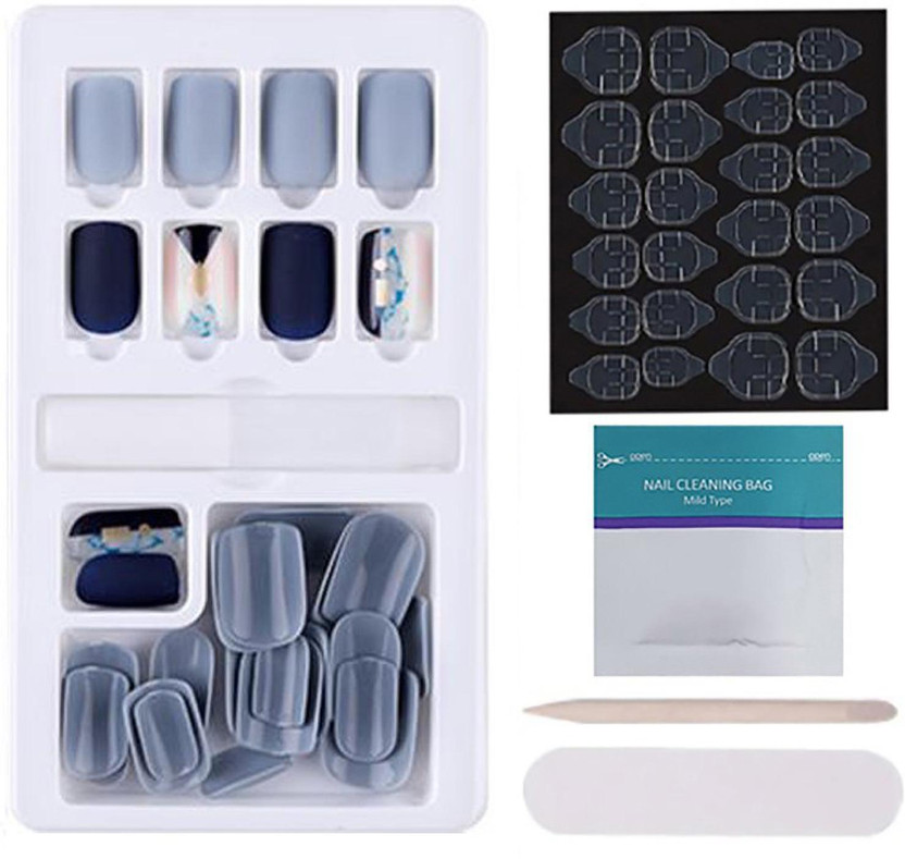 Store2508 Press on Gel Nails 30 Pcs With Double Sided Jelly Adhesive, Nail Glue & Filer Hale Navy, 05(Pack of 30)