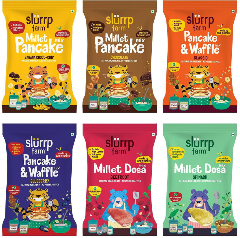 Slurrp Farm Millet Pancake and Millet Dosa Mix Trial Pack Combo, No Maida No White Rice - Banana Choco-chip, Chocolate, Blueberry and Classic Vanilla Pancake Mix, Spinach and Beetroot Millet Dosa Mix, 300g (50g each) 300 g(Pack of 6)
