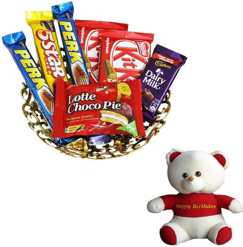 Cadbury Cadbury Sweet Chocolate hamper For Husband With Birthday Teddy | Birthday Gift Hamper | Birthday Surprise | Birthday Gift Combo(1 Basket of 2 Pcs Perk (13g), 1 Dairy Milk (13.2g), 1 5 Star (25g), 2 Pcs Kit Kat (12.8g), 1 Lotte Choco Pie (25g) 5 Pcs Eclairs , 1 Happy Birthday Teddy) - Flipkart Deal