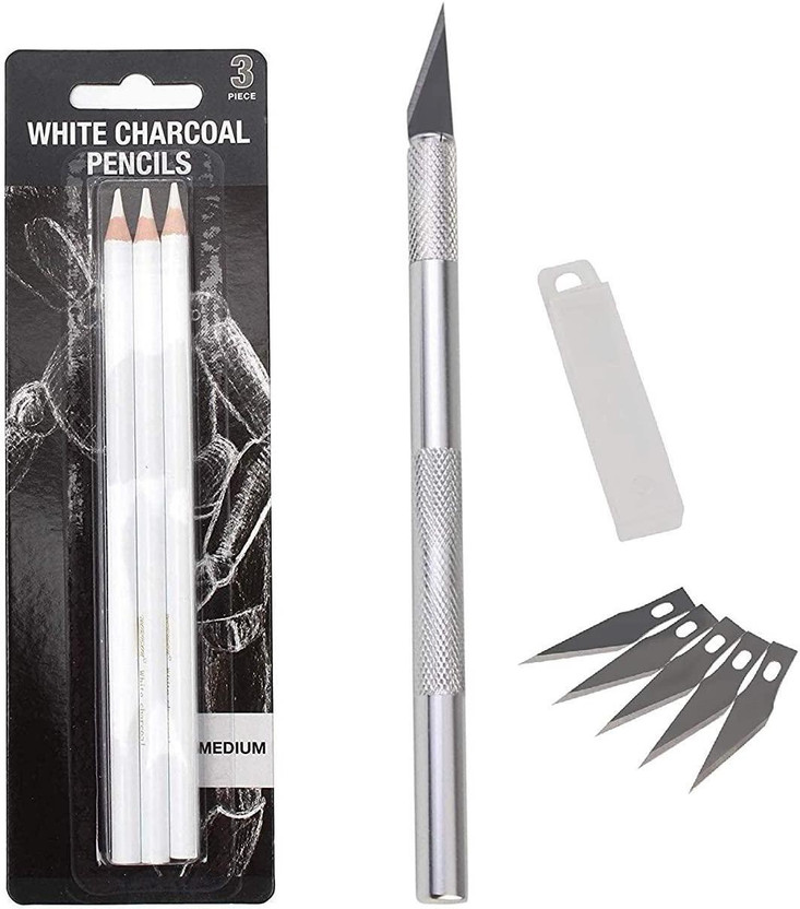 ART PAVILION Sketching Pencils for Student Professional Artist (White Charcoal Pencils with Sharpening Blade)