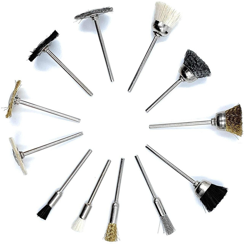 uptodatetools Nylon, Brass & Steel 12pcs Mix End Brushes for Polish,Buff,Cleaning,Finishing,Deburring,Rust Removal for Dremel Rotary Tool, Micro Motor, Polishing Machine for Jewellery Wheel Brush(Pack of 12)