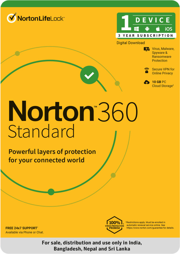 Norton 360 Standard 1 PC PC 3 Years Total Security Compatible with Mac, Android, iOS, Windows (Email Delivery - No CD)(Standard Edition)