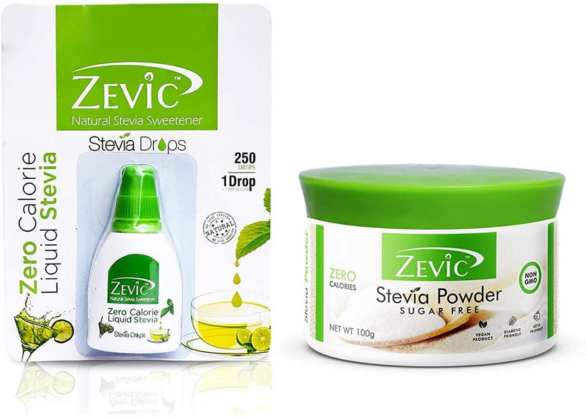 Zevic Zero Calorie Stevia Powder 100 GM & Liquid Stevia Drops -15ML | Vegan Product | Keto Friendly | Healthy Substitute for Sugar, Honey & Other Sweetener(100 g, Pack of 2)