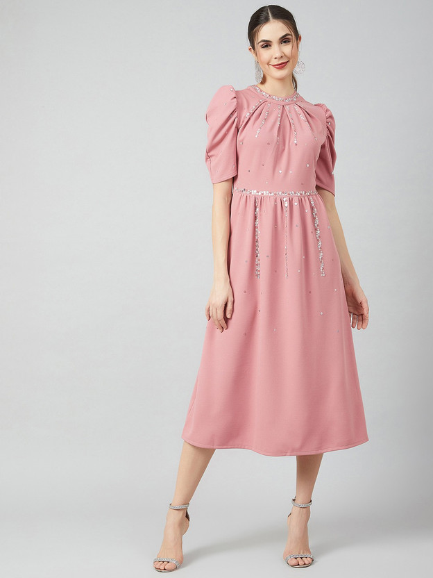 athena women's fit and flare pink dress
