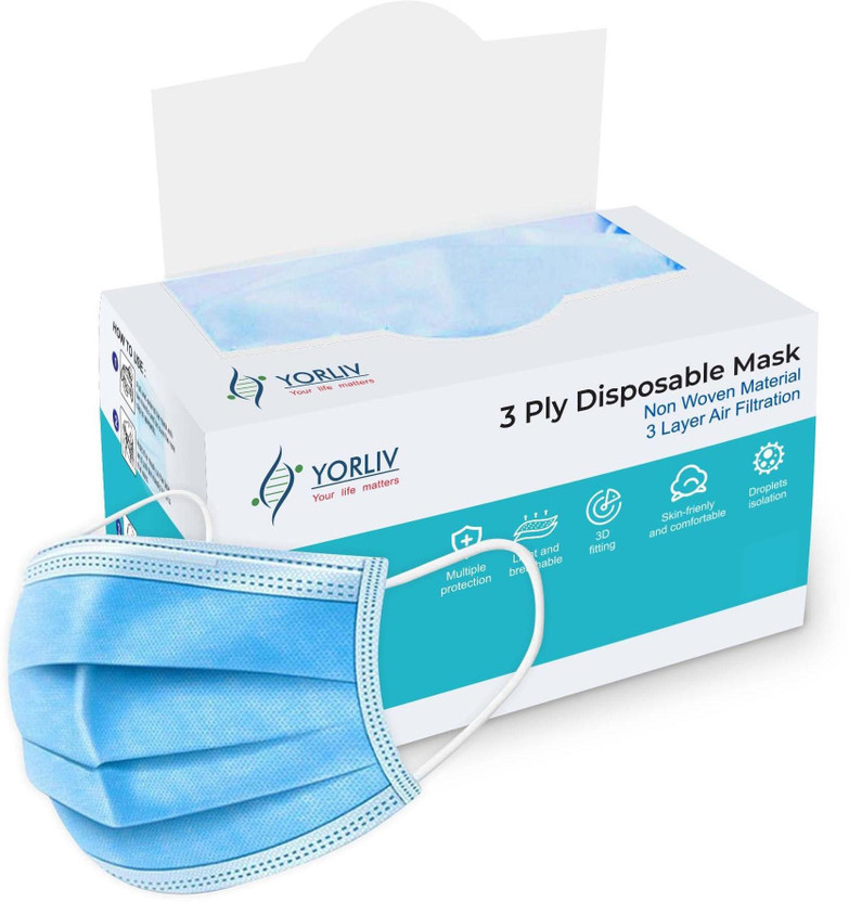 YORLIV With Nose Clip Disposable 3 Layer Surgical for Men Women Kids 3 Layer Pharmaceutical mask 100 Pcs. Water Resistant Surgical Mask(Blue, Free Size, Pack of 100, 3 Ply)