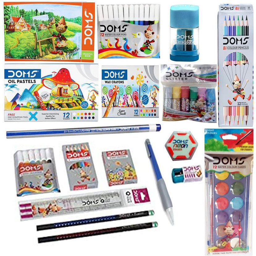 DOMS Drawing Book + BI Colour pencil (6pencil) + Oil Pastel (12shades) + Water Coloour Cake (12shades) + Wax Crayon (12shades) + Water Colour Pen (12shades) + Glitter (6shades) + Pencil + Eraser-Sharpner + Wax Crayons (6shades) + Half Size Colour Pencil (6shades) + Water Colour Pen (6shades) + Scale