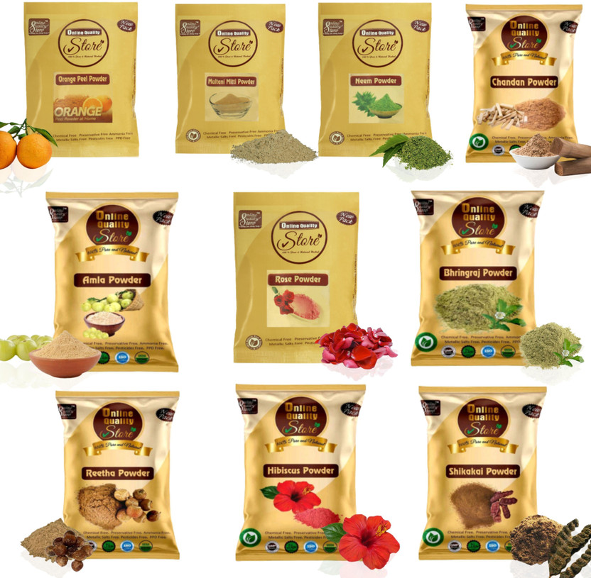 Online Quality Store Multani Mitti,Chandan,Orange Peel,Neem,Rose,Amla,Reetha,Shikakai,Bhringraj,Hibiscus(400 g)