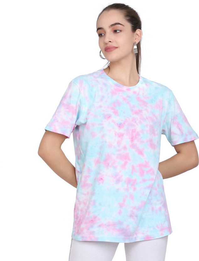 Dei Lusso Printed Women Round Neck Light Blue, Pink T-shirt