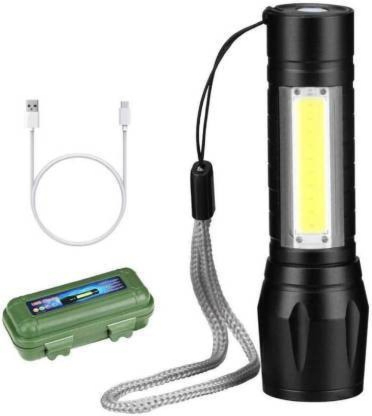 awza Zoomable XPE + COB LED Flashlight, Super Bright LED Torch,Waterproof Flashlight,4 Light Modes For Camping Hiking and Emergency Use Torch (Black : Rechargeable) 6 hrs Torch Emergency Light(Black)