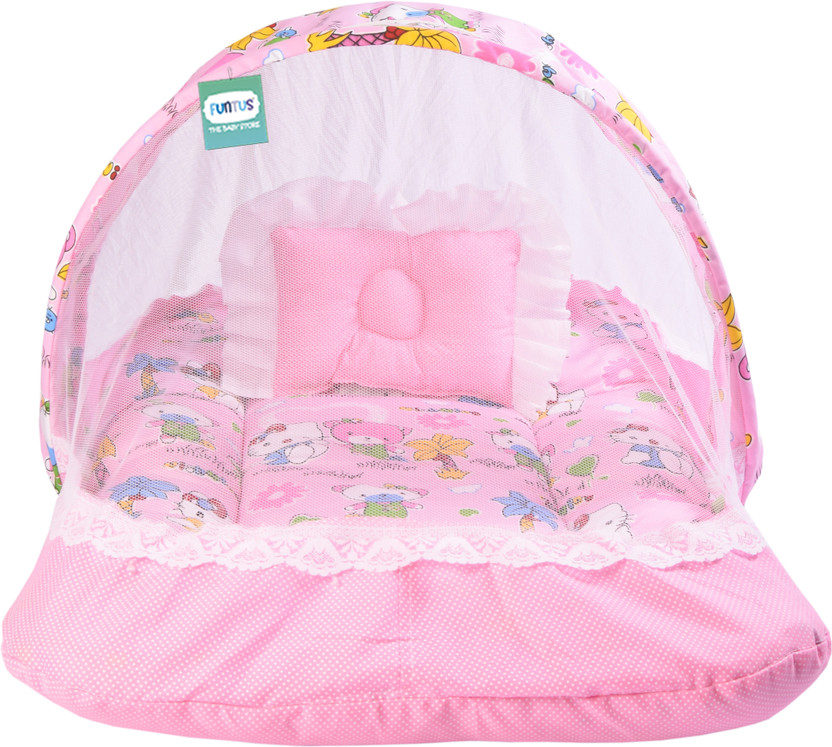 Funtus Cotton Baby Bed Sized Bedding Set(Pink, 1 Mosquito Net Bed, 1 Cushioned Pillow)