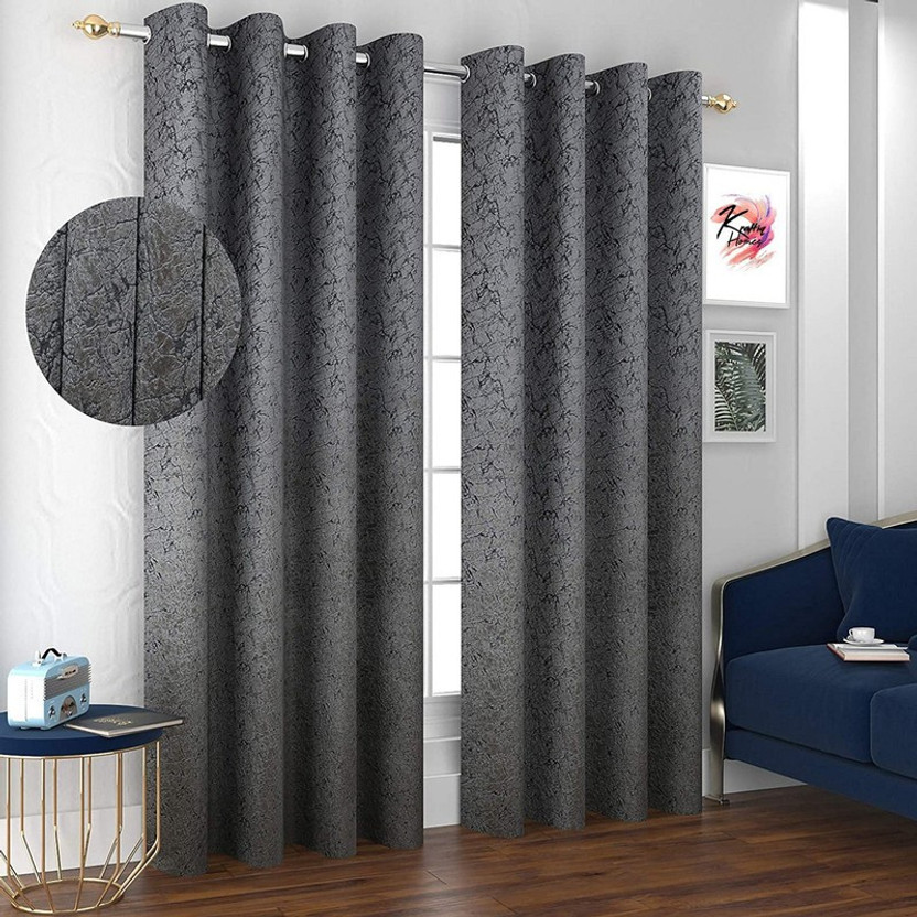 Kraftiq Homes 183 cm (6 ft) Window Velvet Room Darkening Curtain (Pack Of 2)(Grey, Printed)