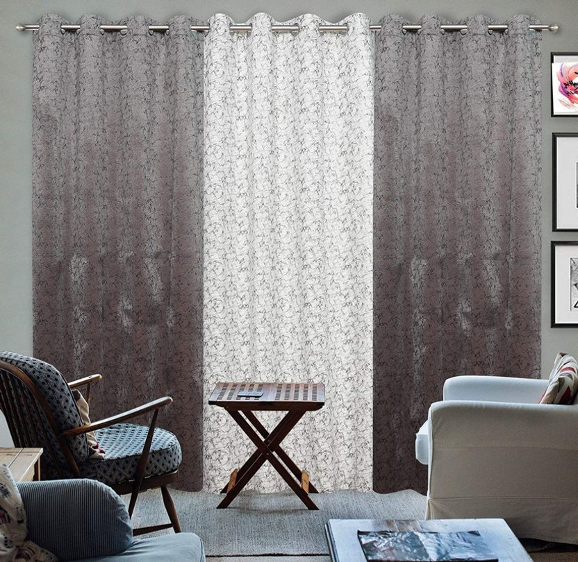 Kraftiq Homes 152 cm (5 ft) Window Velvet Room Darkening Curtain (Pack Of 3)(Grey-White, Abstract)