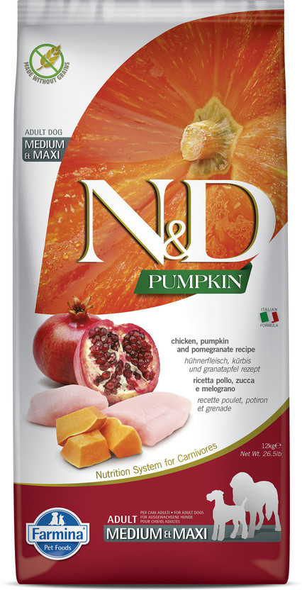 Farmina N&D Pumpkin - Chicken & Pomegranate - Grain Free - Dog Dry Food - Adult - Medium & Maxi Breed Chicken, Fruit 12 kg Dry Young, Young Dog Food