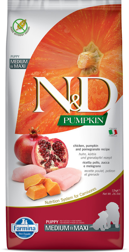 Farmina N&D Pumpkin - Chicken & Pomegranate - Grain Free - Dog Dry Food - Puppy - Medium & Maxi Breed Chicken, Fruit 12 kg Dry Young, Adult Dog Food