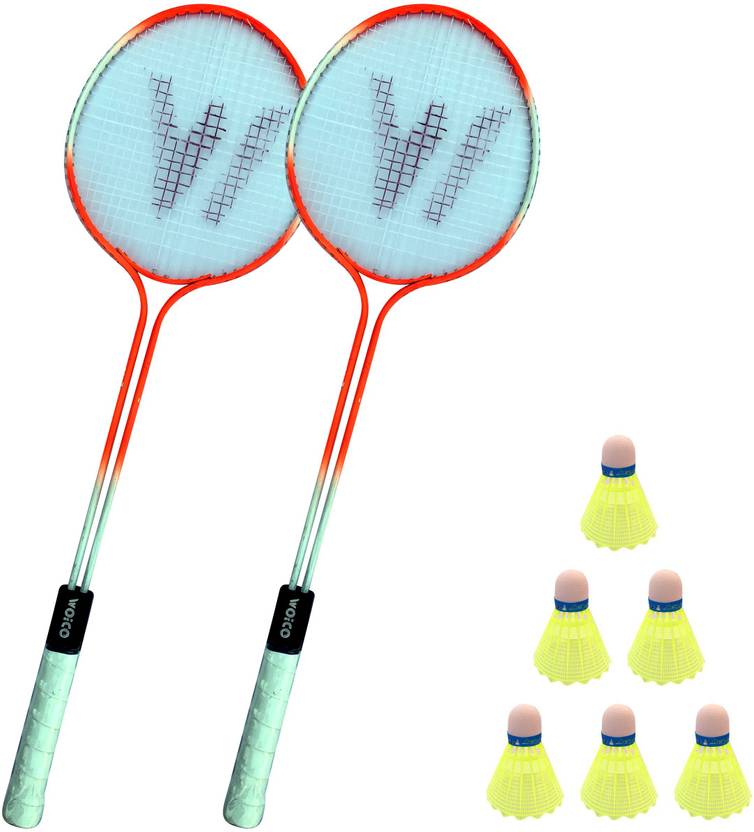 WOICO Double Shaft Solid Badminton Racquet Set Of Two Badminton Racquets + 6 NylonPvc Quality