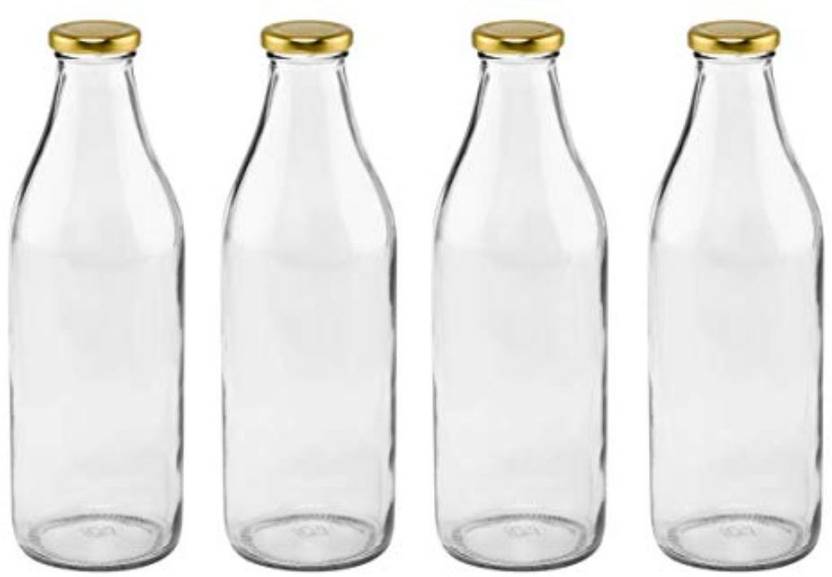 Satyam Kraft 1 Liter Designer Milk Glass Bottle with Golden lid for