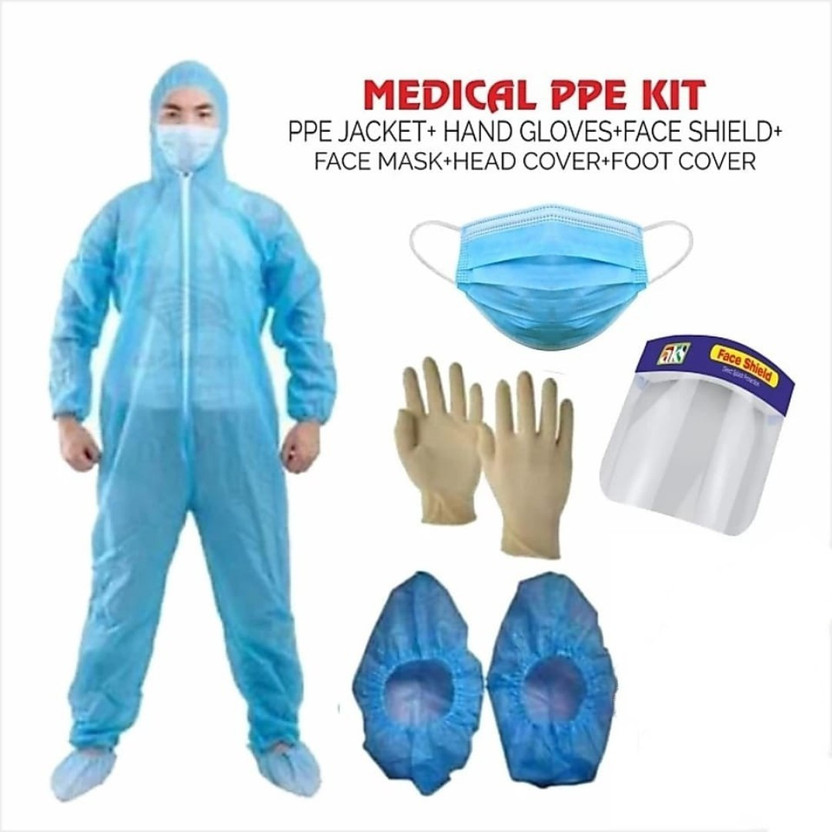 HALINO Medical Protective Coverall Suits (PP Non Woven Laminated With FACE SHIELD & SHOE COVER) Safety Jacket/ Personal Protective Kit (BLUE) Safety Jacket (Blue) Safety Jacket(Blue)
