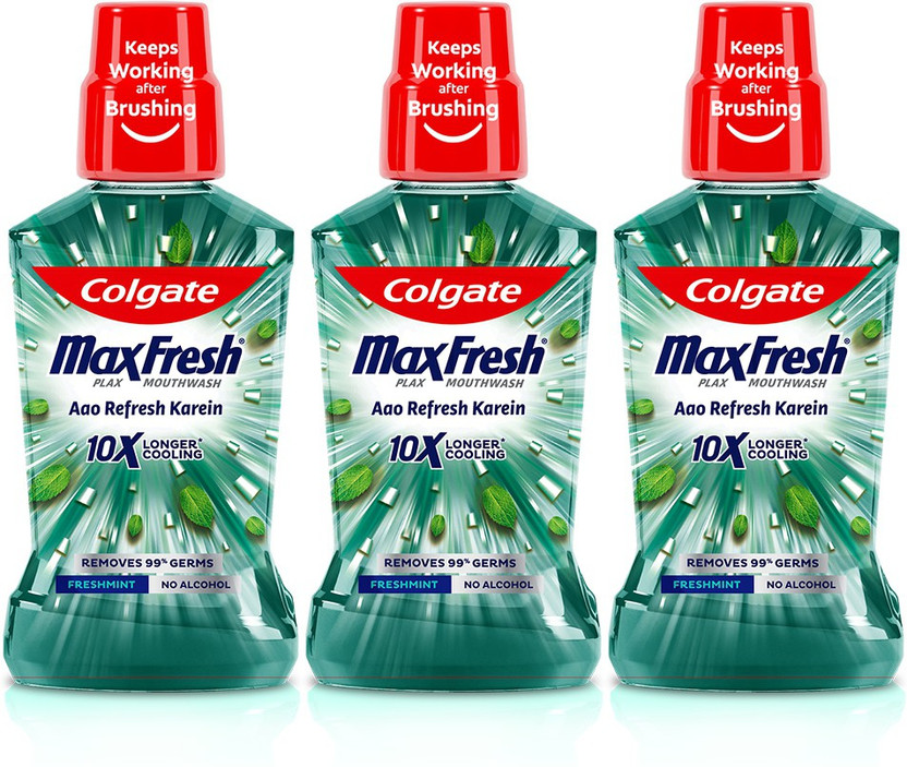 Colgate Maxfresh Plax Antibacterial Mouthwash, (24/7 Fresh Breath) - Fresh Mint ( Pack of 3 )(750 ml)