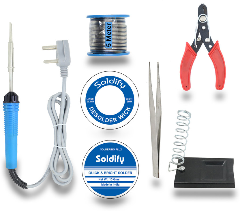 Soldify BASIC 7IN1 COMPLETE KIT 30W SOLDERING IRON MACHINE TOOL KIT | SOLDER WIRE | STAND | WIRE CUTTER | SOLDERING PASTE FLUX | TWEEZER | DESOLDERING WICK 30 W Simple(Flat Tip)
