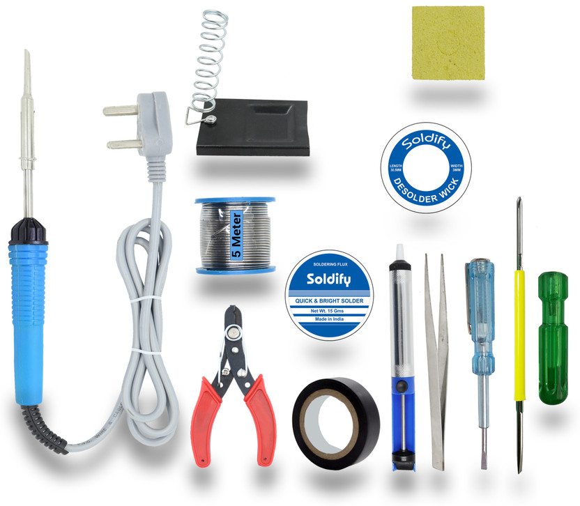 Soldify Soldify Basic 12in1 Complete 30W Soldering Iron Machine Tool Kit Set| Wire Cutter | Stand | Solder Wire | Tweezer | Soldering Flux | Desoldering Wick | Tester| Desoldering Pump | Electric Tape | 2in1 Screw Driver | Sponge 30 W Simple(Flat Tip) - Flipkart Deal