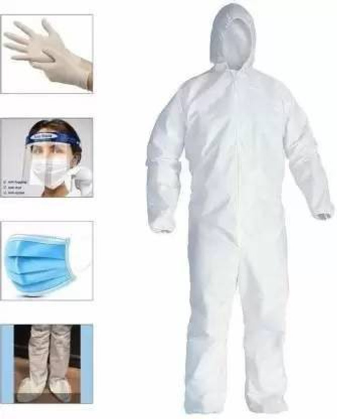 supreme electrotek solutions shop SES- Disposable PPE Kit Coverall Gown, Hand Gloves, Face Shield, 3 PLY Face Mask, Shoe Cover and Head Cover (Blue) Set Kit Best Quality for Travelling and Personal Safety Kit Safety Jacket(White)