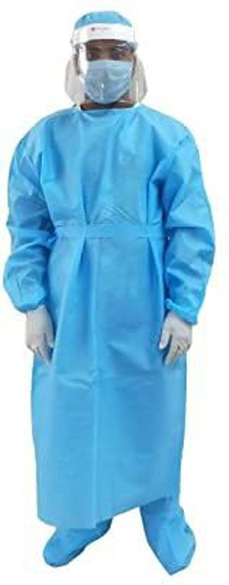 sky enterprise shop SE- Disposable PPE Kit Coverall Gown, Hand Gloves, Face Shield, 3 PLY Face Mask, Shoe Cover and Head Cover (Blue) Set Kit Best Quality for Travelling and Personal Safety Kit Safety Jacket(Blue)