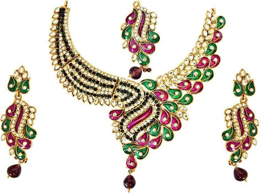 Surat Diamond Metal Goldplated Pink, Green, Gold Jewellery Set Price