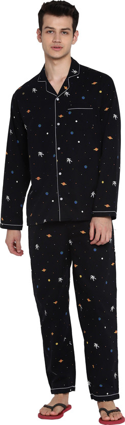 Men Self Design Black Night Suit Set 