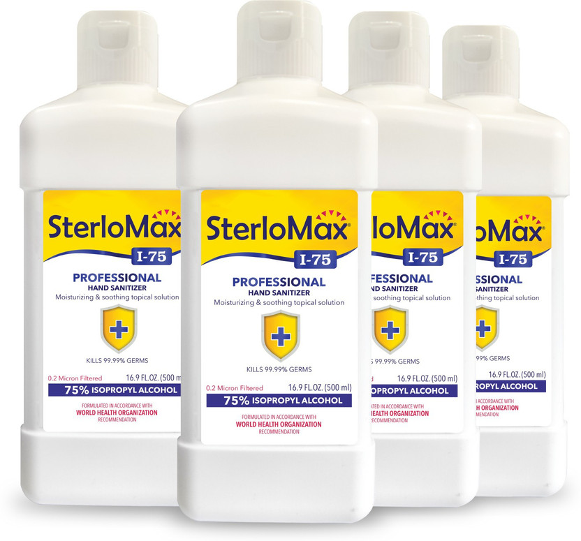 SterloMax Pack of 4 - 75% Isopropyl Alcohol-based Hand Rub Sanitizer and Disinfectant 500 ML Hand Sanitizer Bottle(4 x 0.5 L)