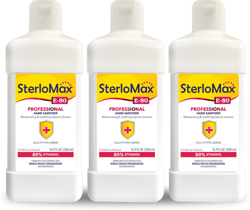 SterloMax Pack of 3 - 80% Ethanol-based Hand Rub Sanitizer and Disinfectant 500 ML Hand Sanitizer Bottle(3 x 500 ml)