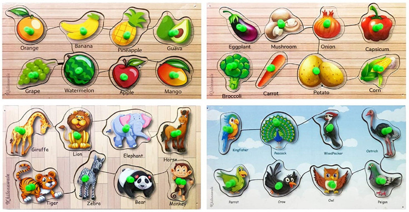 Khilonewale Set of 4 Wooden Puzzle for Kids - Colourful Fruits, Vegetables, Animals & Birds Learning Educational Boards for Kids (Size 27*14 cm) Each(32 Pieces)