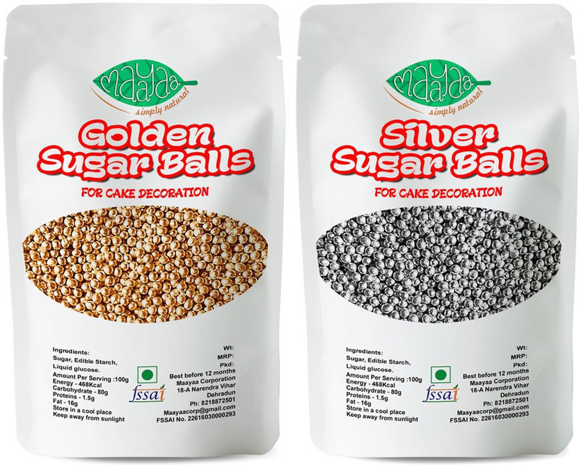 Maayaa - Simply Natural Silver Balls & Golden Balls Sprinkles Cake Decoration Combo 100g each Sprinkles(200 g, Pack of 2)