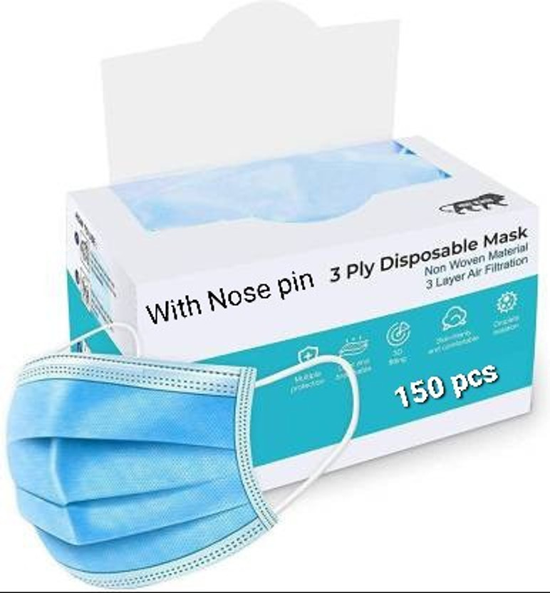 Vaghani 3 Ply Surgical Mask (150 Piece) ( With Nose Pin ) Surgical Mask With Melt Blown Fabric Layer(Blue, Free Size, Pack of 150, 3 Ply)