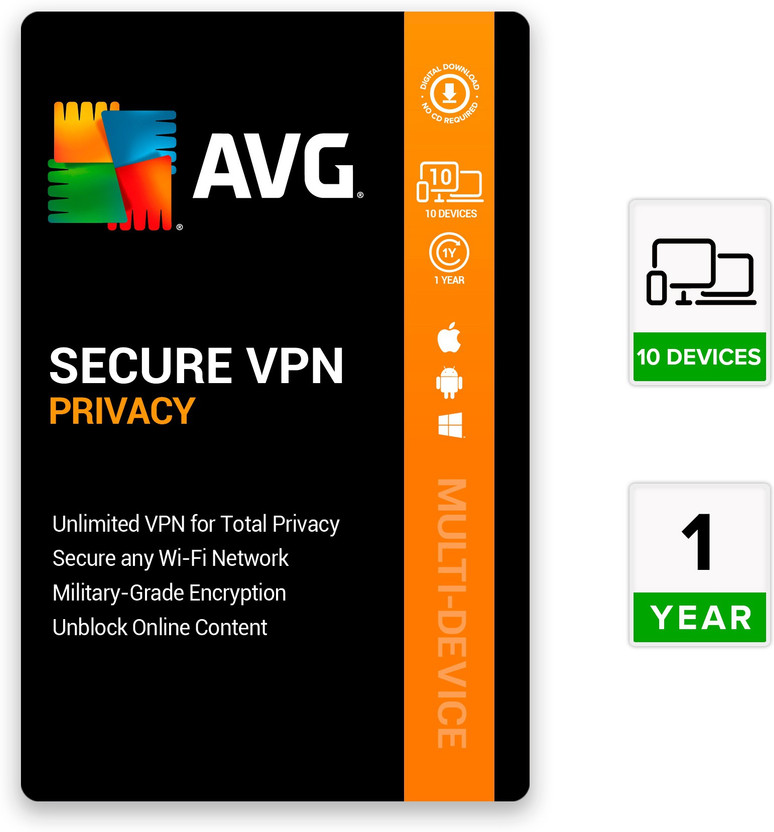 AVG VPN Security 10 Devices PC 1 Year VPN Security Compatible with Windows and Mac, Android (Email Delivery - No CD)(Home Edition)